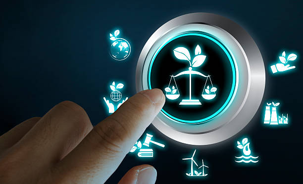 istock Finger pressing environmental justice icon on digital button, concept of balance between law, ecology and industry 2222195081