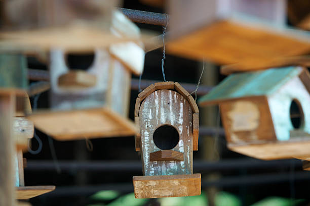 istock Wooden Birdhouses Hanging in Rustic Display with Soft Focus Background 2222196349
