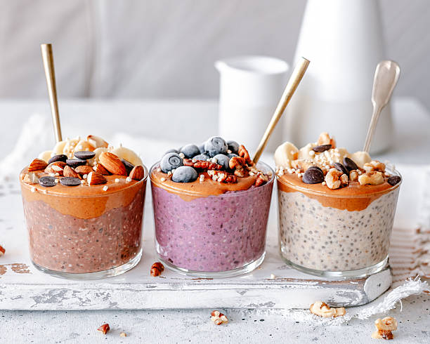 Three coloured overnight oatmeal in jars