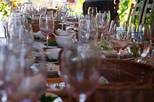 istock Wooden table after party with dirty dishes 2222199134