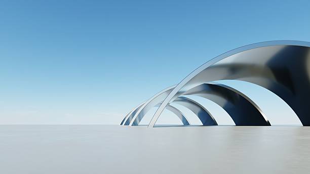 istock 3d illustration of abstract wavy architecture background, Minimal curved geometry architectural design, Car presentation backdrop with empty concrete floor, Flowing geometric metal building design 2222200578