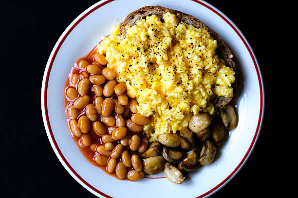 Scrambled Eggs Fried Mushrooms Baked Beans and Tomato Sauce