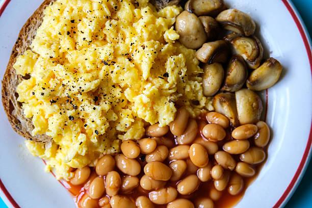 Scrambled Eggs Fried Mushrooms Baked Beans and Tomato Sauce