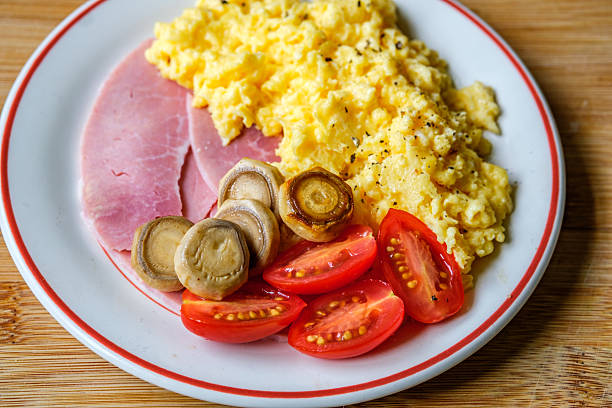 London UK June 25 2025, Scrambled Eggs With Fresh Tomatoes Fried Mushrooms and Slices Of Cooked Ham