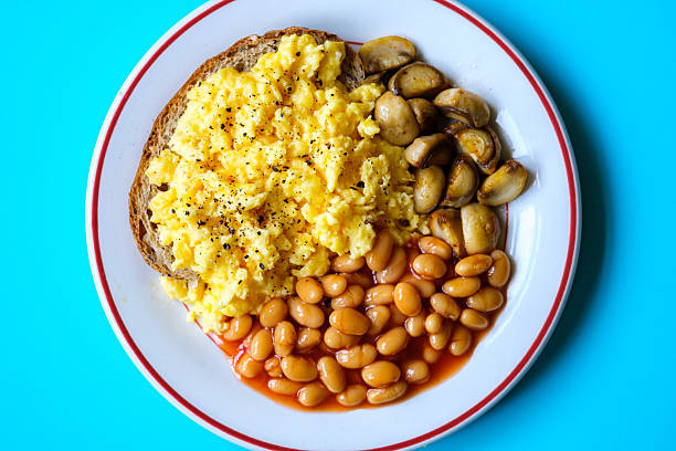 Scrambled Eggs Fried Mushrooms Baked Beans and Tomato Sauce