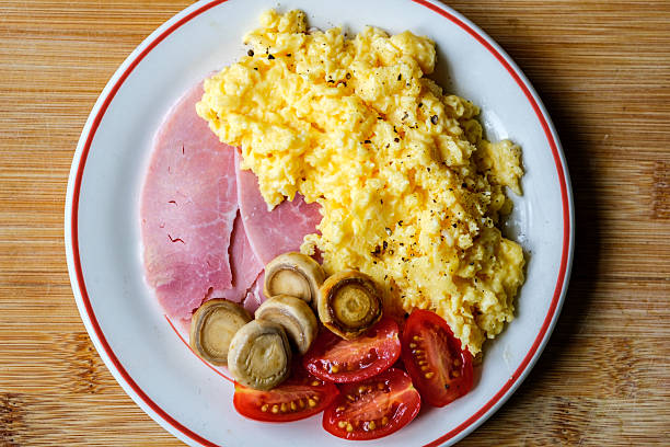 London UK June 25 2025, Scrambled Eggs With Fresh Tomatoes Fried Mushrooms and Slices Of Cooked Ham
