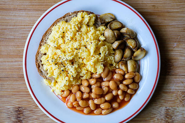 Scrambled Eggs Fried Mushrooms Baked Beans and Tomato Sauce