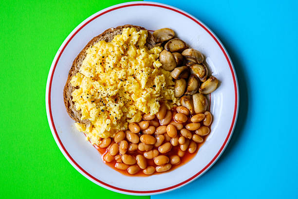 Scrambled Eggs Fried Mushrooms Baked Beans and Tomato Sauce