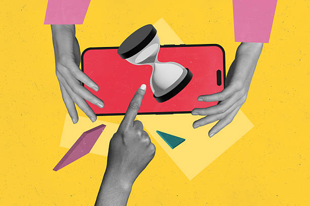 istock Creative photo collage hands body fragments hold smartphone digital device touchscreen deadline time management sandwatch countdown limit 2222205938