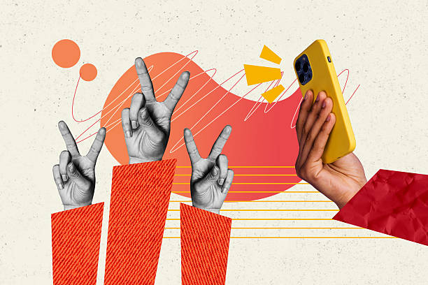 istock Creative collage picture hands body fragments sleeve smartphone cellphone drawing background take photo picture blogger device 2222207327