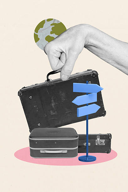 istock Vertical collage image human hand hold suitcase luggage valise roadsign way route indicator earth planet travel concept vacation 2222207423
