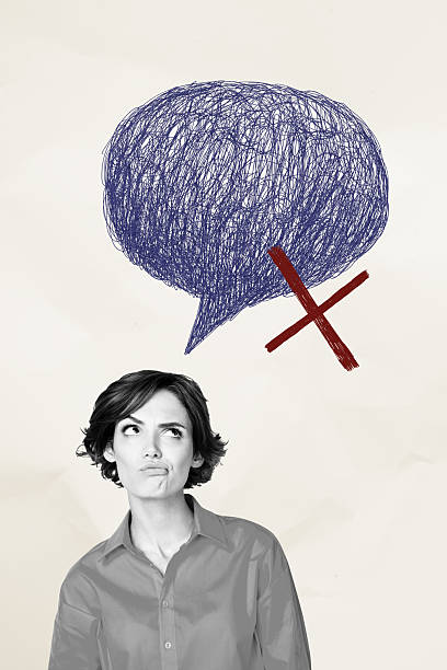 istock Composite trend artwork sketch collage of copyspace monochrome young lady pen ink draw speech cloud think grimace face cross mind 2222209624