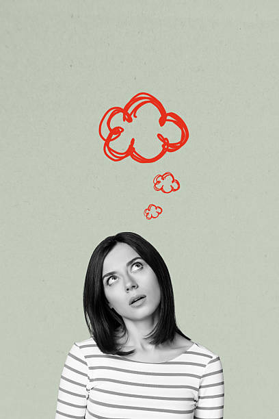 istock Vertical photo collage of minded girl think solution cloud find tactics development brainstorm idea isolated on painted background 2222210314