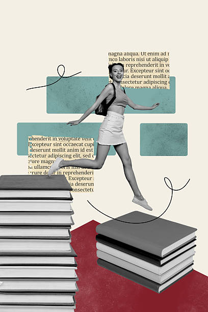 istock Vertical photo collage of happy student girl jump book stack library homework preparation bookworm hobby isolated on painted background 2222210367