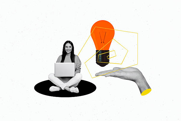 istock Creative picture collage young happy cheerful woman remote worker freelancer 3d arm lightbulb idea smart solution laptop 2222212239