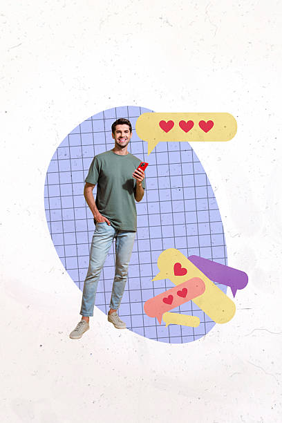 istock Composite artwork sketch image collage of copyspace young guy stand hand hold smartphone blogger heart like speech cloud banner popular 2222217431