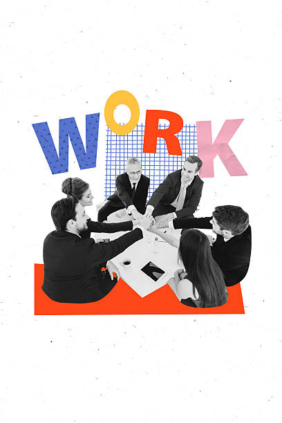 istock Trend artwork poster composite sketch collage of work collaboration man lady hold highfive brainstorming marketing company office manager 2222220648