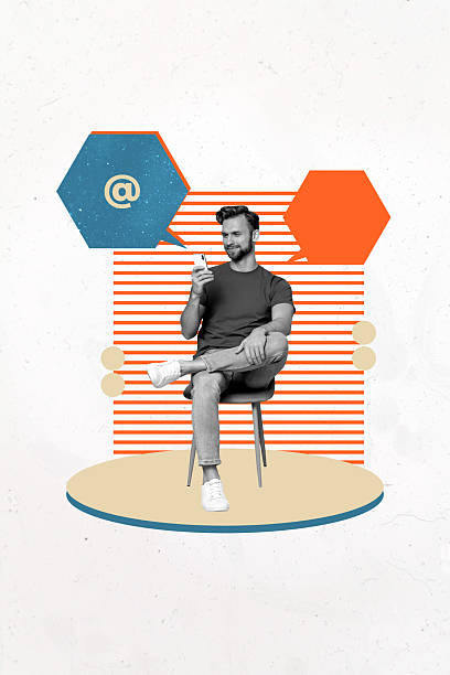 istock Trend artwork composite 3D photo collage design of think mind note balloon message young man sit armchair type smartphone app social media 2222221017