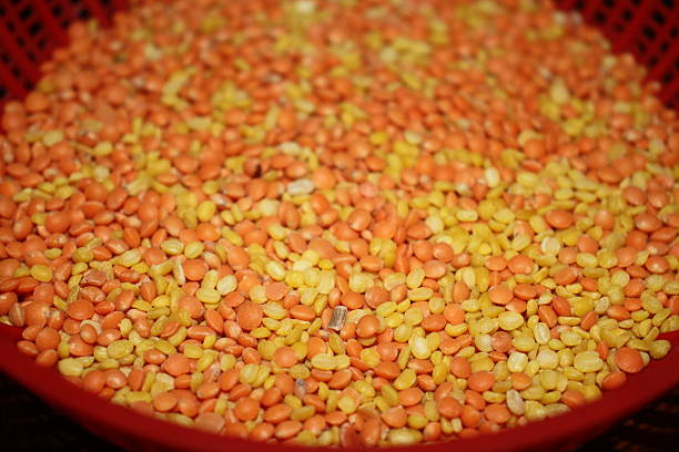 A vibrant assortment of red and yellow split lentils, placed in a red basket. These lentils are a staple in many South Asian kitchens, used for making various types of dal dishes, soups, and stews. The mix of warm hues gives a rich, earthy appeal and reflects the wholesome and nutritious qualities of these legumes.