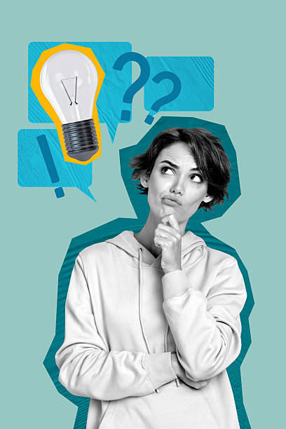 istock Composite artwork 3D photo collage trend of creative solution challenge logic eureka young woman stand thoughts minded question research 2222225780