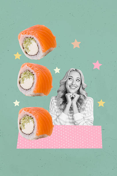 istock Composite sketch image design artwork collage of young lady smile temptation three big sushi roll culinary kitchen cook dinner cuisine 2222227015