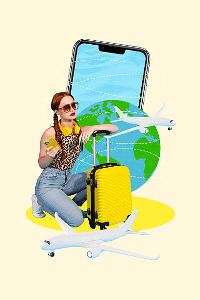istock Template sketch image composite collage of young lady headphone sit hold phone bag flight airpoty world trip rest sea outdoors vacation 2222227148