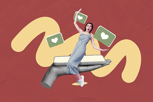 istock Poster image collage of person sit screen gadget moving with likes on red background 2222227302