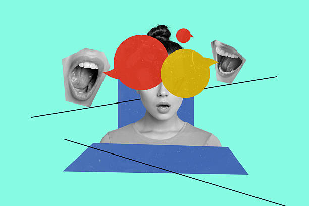 Creative artwork template sketch image collage of young woman portrait mind think speech cloud mouth lips gossip abstract fragment shout