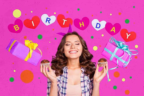 istock Creative artwork template sketch image 3D collage of young lady smile hold cake giftbox congratulations holiday banner birthday guest 2222227399