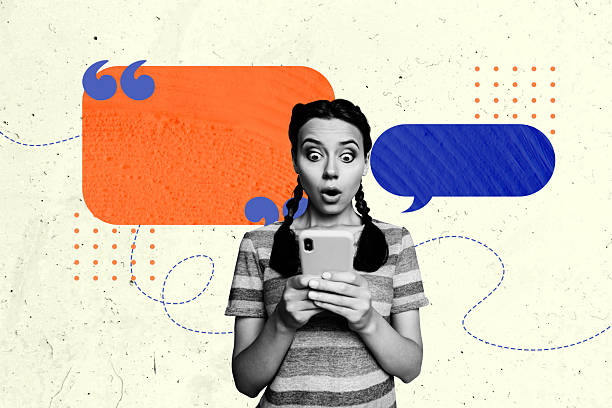 istock Composite sketch design artwork 3D photo collage of textbox speech cloud chat message young woman staring smartphone read news shocked 2222227441