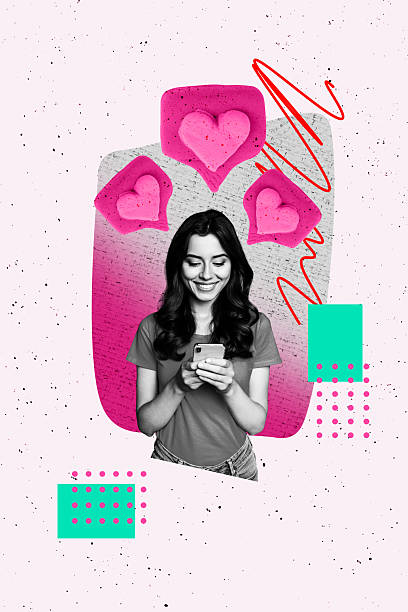 istock Creative artwork template sketch image 3D collage of young lady smile type smartphone blogger app online chatting media subscribe like 2222227451