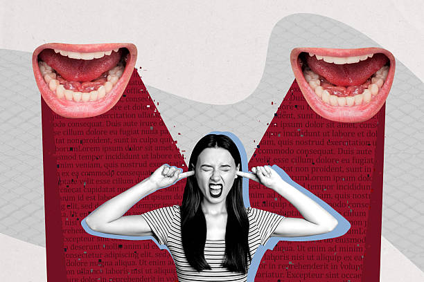 istock Template sketch composite artwork collage of lips gossip talking abstract conversation pressure young lady suffer cover ear finger deaf 2222227558
