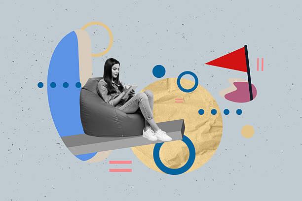 istock Poster graphics collage of people sit chair write copybook direct flags on grey color background 2222228493