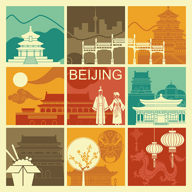 Beijing Attractions. Architecture, festivals, traditional costume, Chinese food. Composition of squares in vintage style