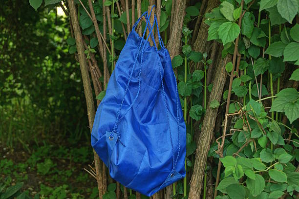 istock one full blue backpack bag hanging on gray bush branches 2222231744