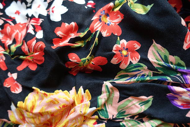 istock Jammed black viscose fabric with colorful floral print 2222235516