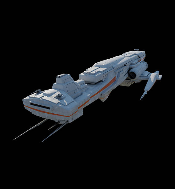 Science fiction illustration of a light attack space ship in white with orange stripe, isolated on a black background in front view, 3d digitally rendered illustration