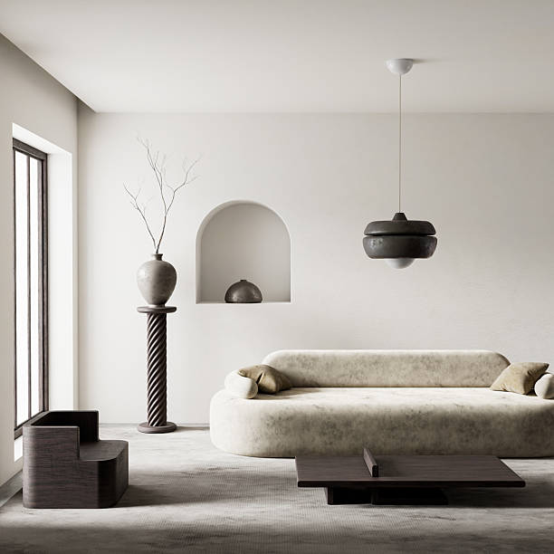istock Elegant living room with sculptural decor and soft light. 3D illustration 2222242367