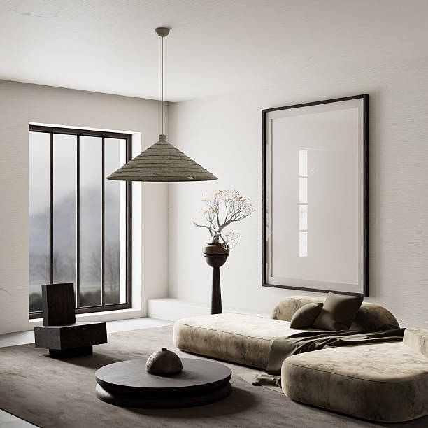 istock Minimalist elegance in a serene living room. 3D illustration 2222242413