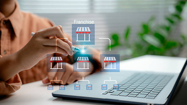 istock Franchise business model development shown by entrepreneur managing multi-level store network on laptop, concept of scalable investment, expansion strategy, and digital retail system. 2222247451