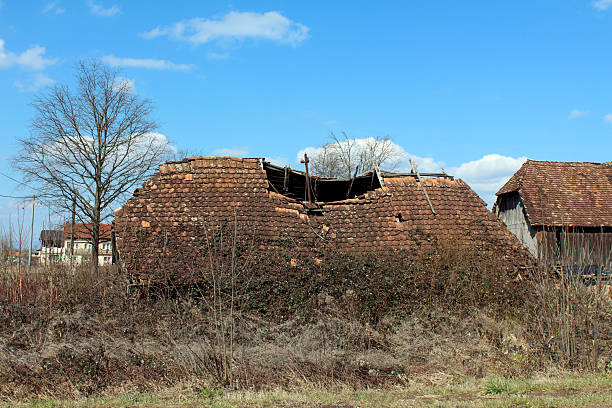 Old rural building with a collapsed red tile roof and overgrown vegetation, surrounded by dry grass and leafless shrubs, under a blue sky with scattered clouds