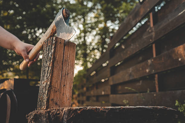 Close-up of a hand holding an axe embedded in a vertical log, ready for splitting firewood outdoors near a wooden fence at sunset.