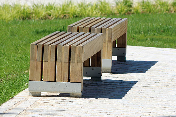 istock Modern wooden park benches on paved walkway 2222252530