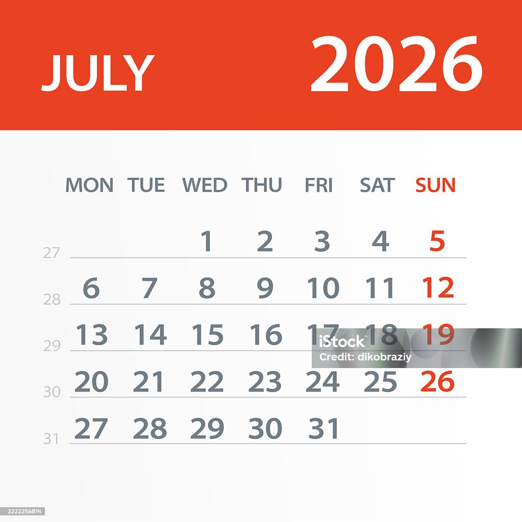 July 6 Week July 2026 Calendar Leaf Vector Illustration Week Starts On Monday Stock ...
