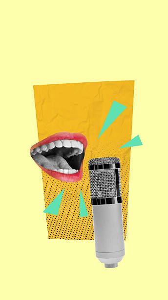 istock Human mouth talking on a microphone on a colored background. Collage art 2222257698