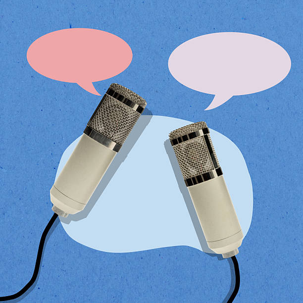 istock Microphones with an empty speech bubble on a colored background. Copy space or mockup. Collage art 2222257962