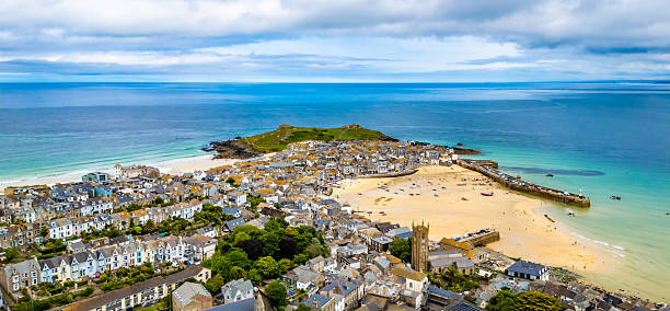 Aerial Panorama over town of St Ives in Cornwall