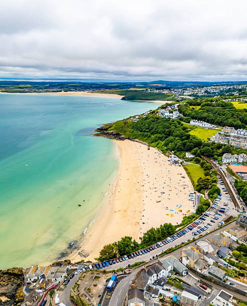 Aerial view Porthminster Beach in St Ives in Cornwall