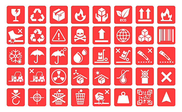 fragile, packaging, shipping, handling, warning, caution, recycle, eco, box icon, barcode, up arrow, keep dry, keep upright, flammable, fire hazard, skull, toxic, poison, handle with care, umbrella icon, do not drop, do not use blade, fragile package, keep away from sunlight, keep cool, temperature sensitive, cold storage, thermoregulation, environmental icon, eco icon, broken glass, package safety, transport icon, danger symbol, alert icon, logistics, delivery icon, box label, container label, shipping label, fragile sign, weight icon, heavy object, box damage, drop risk, do not stack, barcode icon, recyclable, symbol set, line icon, black icon, danger sign, keep upright sign, dry environment, warehouse symbol, forklift icon, caution symbol, drop warning, no blades, up symbol, global shipping, transportation symbol, box contents, hazardous, icon set, symbol pack, storage icon, caution sign, handling mark, global logistics, black symbols, caution graphics, shipping safety, QR code, pallet, temperature control, thermometer icon, low temp, high temp, cross mark, target symbol, no trash, recycle bin, drop sensitive, icon collection, label icons, fragile goods, delivery box, secure package, transportation sign, hazard sign, safety icon set, international shipping, symbols for packaging, industrial icons, logistics elements, warehouse graphics, storage symbols vector stock illustration