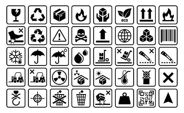 fragile, packaging, shipping, handling, warning, caution, recycle, eco, box icon, barcode, up arrow, keep dry, keep upright, flammable, fire hazard, skull, toxic, poison, handle with care, umbrella icon, do not drop, do not use blade, fragile package, keep away from sunlight, keep cool, temperature sensitive, cold storage, thermoregulation, environmental icon, eco icon, broken glass, package safety, transport icon, danger symbol, alert icon, logistics, delivery icon, box label, container label, shipping label, fragile sign, weight icon, heavy object, box damage, drop risk, do not stack, barcode icon, recyclable, symbol set, line icon, black icon, danger sign, keep upright sign, dry environment, warehouse symbol, forklift icon, caution symbol, drop warning, no blades, up symbol, global shipping, transportation symbol, box contents, hazardous, icon set, symbol pack, storage icon, caution sign, handling mark, global logistics, black symbols, caution graphics, shipping safety, QR code, pallet, temperature control, thermometer icon, low temp, high temp, cross mark, target symbol, no trash, recycle bin, drop sensitive, icon collection, label icons, fragile goods, delivery box, secure package, transportation sign, hazard sign, safety icon set, international shipping, symbols for packaging, industrial icons, logistics elements, warehouse graphics, storage symbols vector stock illustration